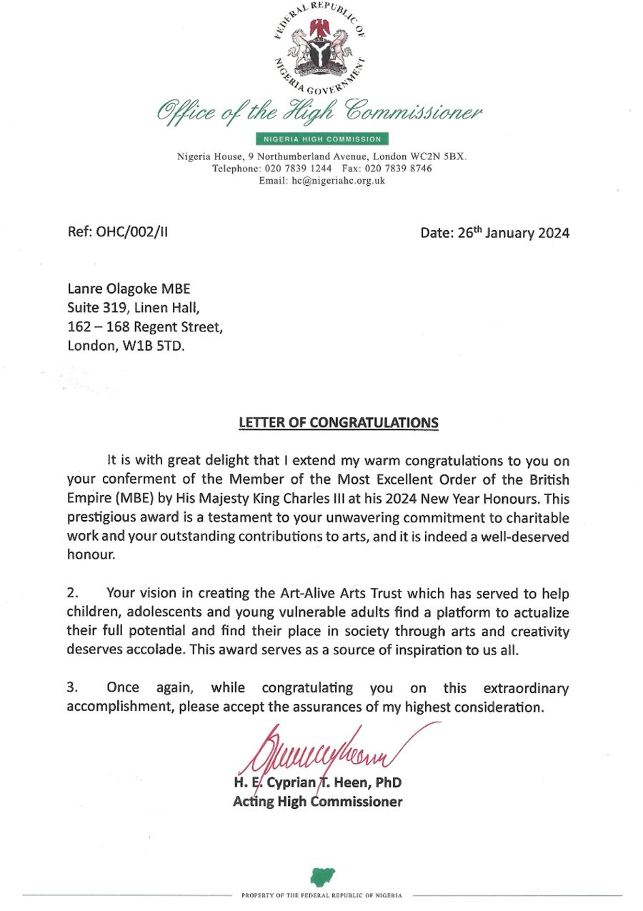 Letter of congratulations from the Office of the High Commissioner, dated 28 January 2024