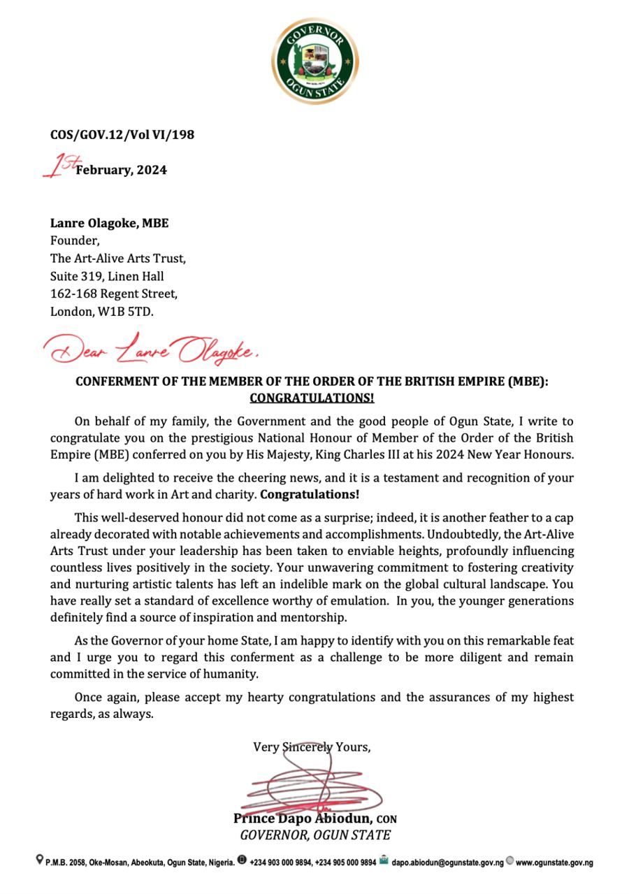 Letter of congratulations from Prince Dapo Abiodun, Governor of Ogun State, February 2024